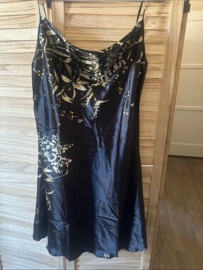 Black Floral Slip Mini Dress with Gold Leaf Accents